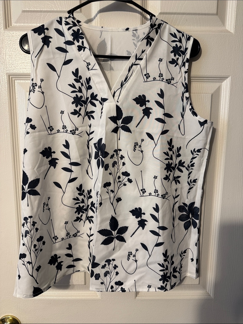 SHEIN White Sleeveless V-Neck Tank with Navy Floral Print